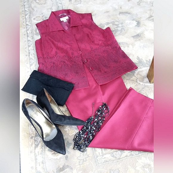 Talbots Pants - *Talbots size 12 Petite silk embroidered jewel toned pink pantsuit